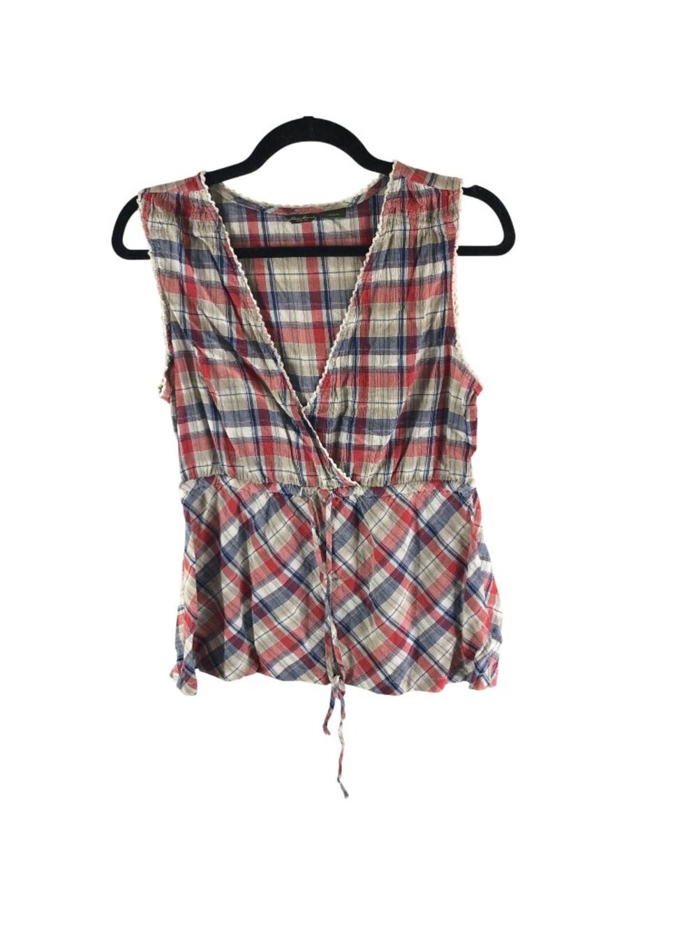 Eddie Bauer Womens Plaid Sleeveless Faux Wrap Top With Drawstring Waist Size 10